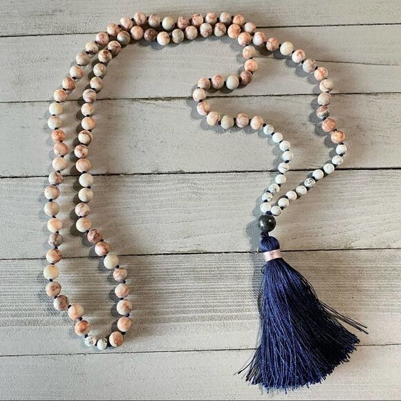 Rhodochrosite Howlite Gemstone Mala Necklace - Picture 1 of 7